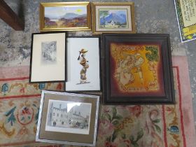A COLLECTION OF ASSORTED PICTURES, AND PRINTS ETC TOGETHER WITH A VINTAGE ART DECO STYLE MIRROR (