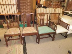 AN ANTIQUE BERGERE ARMCHAIR AND THREE ANTIQUE CHAIRS (4)