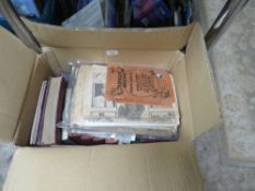 A BOX CONTAINING ANTIQUE NEWSPAPERS, BOOKS ETC