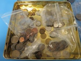 A TIN OF MAINLY BRITISH COINS, INCLUDING A SMALL QUANTITY OF SILVER THREEPENCES, A SMALL QUANTITY OF