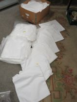 A BOX OF ASSORTED LINEN, TABLECLOTHS ETC