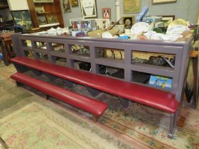 A LARGE PAINTED CHURCH PEW WITH A KNEELING BAR L-360 CM