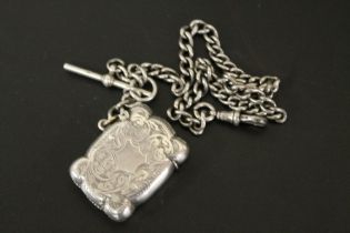 A GENTS ANTIQUE SILVER POCKET WATCH ALBERT CHAIN AND SILVER VESTA