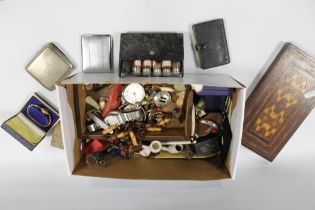 A QUANTITY OF JEWELLERY, CIGARETTE CASES, ANTIQUE INLAID BOX, COLLECTABLES ETC