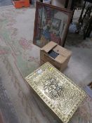 A VINTAGE BRASS COVERED COAL BOX, FRAMED TAPESTRY AND A BOX PROJECTOR