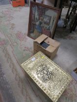 A VINTAGE BRASS COVERED COAL BOX, FRAMED TAPESTRY AND A BOX PROJECTOR