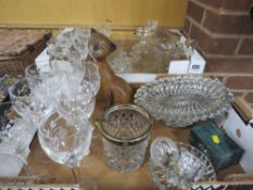 TWO TRAYS OF CRYSTAL AND CUT GLASS TO INCLUDE FLORAL ETCHED WINE GLASSES