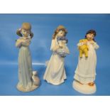 THREE FIGURINES CONSISTING OF ROYAL DOULTON "CHILDHOOD DAYS" LLADRO FIGURE OF GIRL HOLDING A KITTEN,