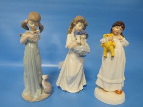 THREE FIGURINES CONSISTING OF ROYAL DOULTON "CHILDHOOD DAYS" LLADRO FIGURE OF GIRL HOLDING A KITTEN,