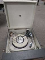 A MARCONIPHONE POTABLE RECORD PLAYER TOGETHER WITH A FOLDER OF 78'S GRAMOPHONE RECORDS