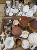 TWO TRAYS OF ASSORTED CERAMICS TO INCLUDE HORNSEA, BRONTE STORAGE JARS, PORTMEIRION, AYNSLEY ETC