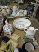 TWO TRAYS OF ASSORTED CERAMICS TO INCLUDE AYNSLEY COTTAGE GARDEN BOWL A GOLDEN JUBILEE TEA SET ETC