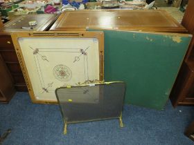 A BRASS EFFECT FIRE SCREEN AND TWO CARD TABLES