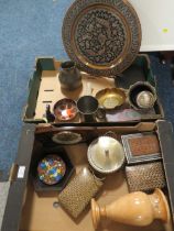 TWO TRAY OF SUNDRIES TO INCLUDE TREEN BOXES, METAL CHARGER ETC