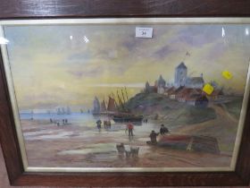 AN OAK FRAMED HARBOUR SCENE OIL PAINTING WITH AN ARTHUR R STANLEY PRINT ETC (6)