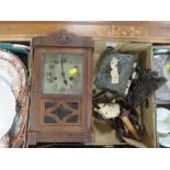 A SMALL OAK CASED CLOCK TOGETHER WITH ASSORTED CLOCK PARTS A/F AND AN AMERICAN GONG STRIKE WALL