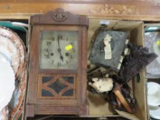 A SMALL OAK CASED CLOCK TOGETHER WITH ASSORTED CLOCK PARTS A/F AND AN AMERICAN GONG STRIKE WALL