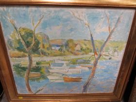 A GILT FRAMED IMPRESSIONIST RIVER SCENE, 49 X 59 CM