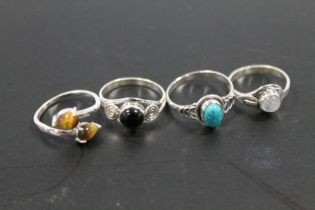 A COLLECTION OF 4 VINTAGE 925 SILVER GEMSTONE DRESS RINGS TO INCLUDE OPAL, TURQUOISE, TIGERS EYE