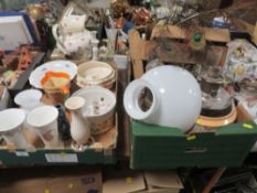 TWO TRAYS OF SUNDRIES TO INCLUDE CERAMIC BEER STEINS, CERAMIC VASES ETC