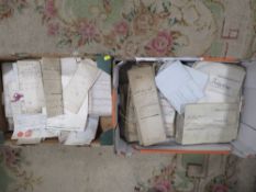 TWO BOXES OF OLD DEEDS. EPHEMERA AND MAPS