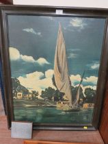 A VINTAGE OIL ON CANVAS EASTERN RIVER SCENE WITH BOATS AND BUILDINGS PRESENTED TO LT COLONEL P.R.