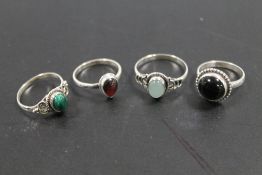 A COLLECTION OF 4 VINTAGE 925 SILVER GEMSTONE DRESS RINGS TO INCLUDE GARNET, JADE, OPAL ETC