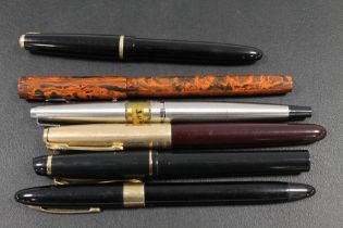 SIX VINTAGE FOUNTAIN PENS INCLUDING EXAMPLES BY PARKER, SHEAFFER, SWAN ETC