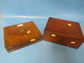 A BRASS BOUND WALNUT STYLE BOX TOGETHER WITH A SMALL WRITING SLOPE (2)