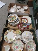 THREE TRAYS OF ASSORTED CERAMICS TO INCLUDE VINTAGE TEA WARE AND ROYAL DOULTON CHRISTMAS PLATES