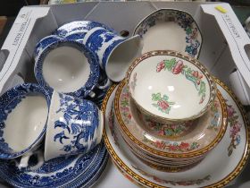 TWO TRAYS OF ASSORTED CERAMICS TO INCLUDE A MASONS REGENCY CHEESE DISH