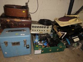 A SELECTION OF VINTAGE RECORD PLAYER, RADIO TRANSMITTERS, CAPACITORS, FIBRE OPTIC WELDER AND VIDEO