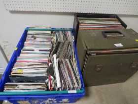 A TRAY OF 7" SINGLE RECORDS TO INCLUDE MOSTLY 1980'S TOGETHER WITH TWO CASES OF LP RECORDS