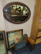 AN OVAL OAK MIRROR, OAK SCREEN, MIRROR ETC