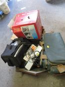 A QUANTITY OF SUNDRIES TO INCLUDE VINTAGE CAMERA LENSES AND ACCESSORIES, CANNON CAMCORDER ETC