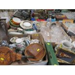 THREE TRAYS OF ASSORTED CERAMICS TO INCLUDE A LIDDED TG GREEN LUMPED SUGAR STORAGE JAR, TOGETHER