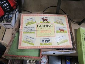 A TRAY OF VINTAGE FARM ANIMAL TOYS ETC TOGETHER WITH A FARMING BOARD GAME (UNCHECKED)