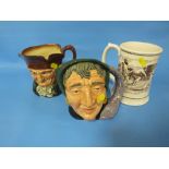 A FRANKLIN PORCELAIN 1982 ASHES TANKARD TOGETHER WITH 2 ROYAL DOULTON CHARACTER JUGS AND A MINIATURE