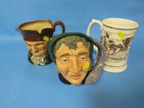 A FRANKLIN PORCELAIN 1982 ASHES TANKARD TOGETHER WITH 2 ROYAL DOULTON CHARACTER JUGS AND A MINIATURE