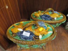 TWO REPRODUCTION MAJOLICA STYLE LIDDED GAME POTS A/F