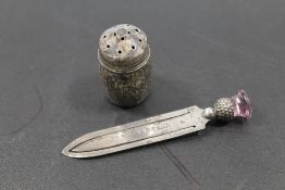 A HALLMARKED SILVER BOOK OR PAGE MARKER AND SILVER PEPPER
