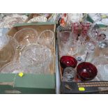 TWO TRAYS OF ASSORTED GLASS WARE TO INCLUDE A CRYSTAL STYLE BASKET WITH RED GLASS BIRD DETAIL,
