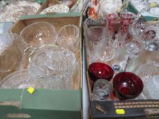 TWO TRAYS OF ASSORTED GLASS WARE TO INCLUDE A CRYSTAL STYLE BASKET WITH RED GLASS BIRD DETAIL,