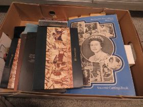 AN QUANTITY OF TRADE CARDS AND VINTAGE NEWSPAPERS AND COLLECTABLE COINS ETC