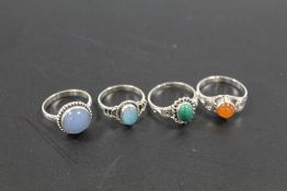 A COLLECTION OF 4 VINTAGE 925 SILVER GEMSTONE DRESS RINGS TO INCLUDE JADE, OPAL ETC