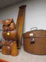 A LARGE BAROMETER , LARGE WOODEN OWL AND A VINTAGE TIN HAT BOX