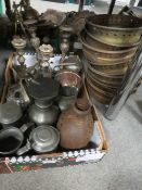 A TRAY OF ASSORTED METAL WARE, PEWTER, BRASS WARE TOGETHER WITH ASSORTED PLANTERS