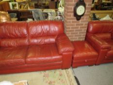 A MODERN RED LEATHER THREE PIECE SUITE