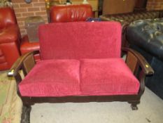 A SMALL VINTAGE OAK BERGERE TWO SEATER SETTEE