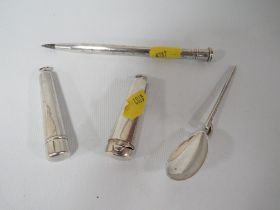 TWO HALLMARKED SILVER CHEROOT HOLDERS TOGETHER WITH A SILVER SPOON AND A HALLMARKED SILVER PENCIL (